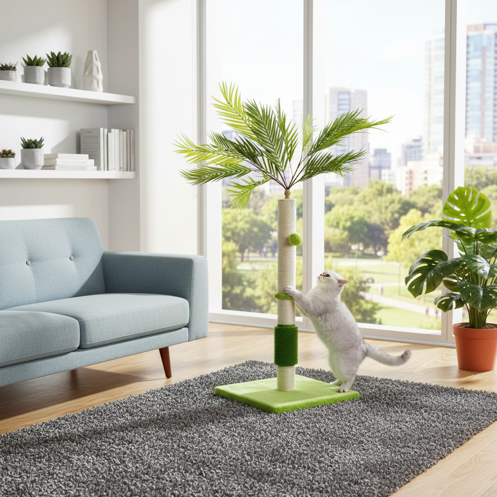 Cat Palm Tree for Indoor Cats with Natural Sisal Scratch Pole Hanging Sisal Ropes and Balls