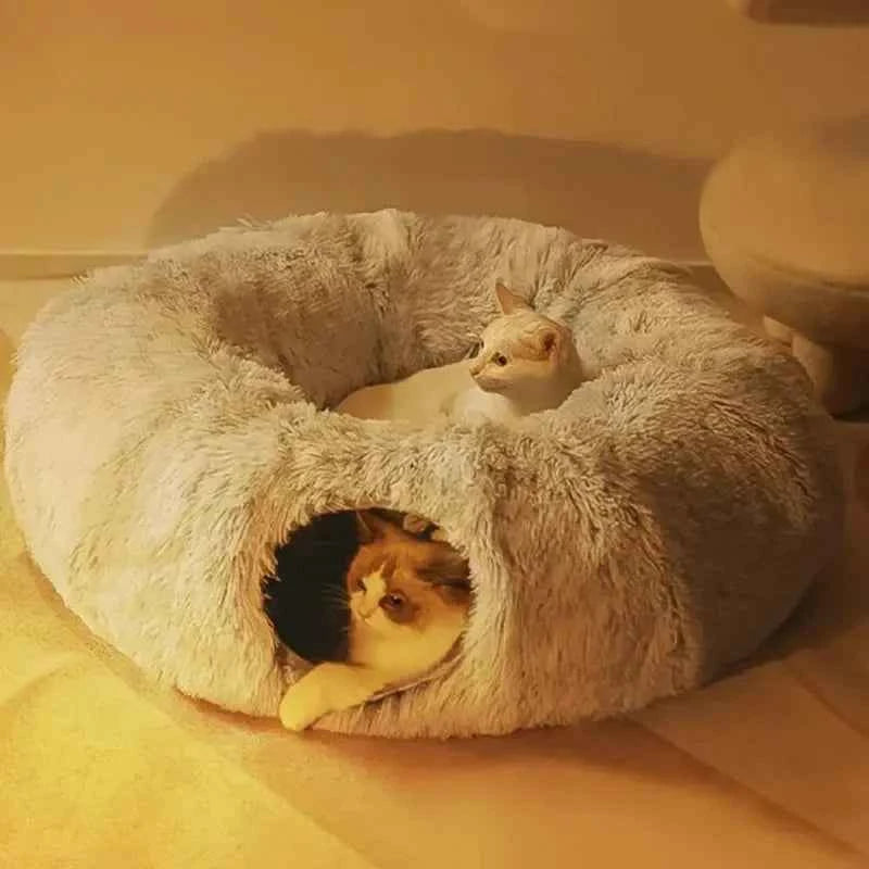 Multifunctional Plush Cat Bed with Tunnel and Peephole