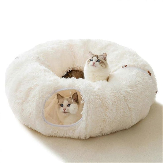 Multifunctional Plush Cat Bed with Tunnel and Peephole