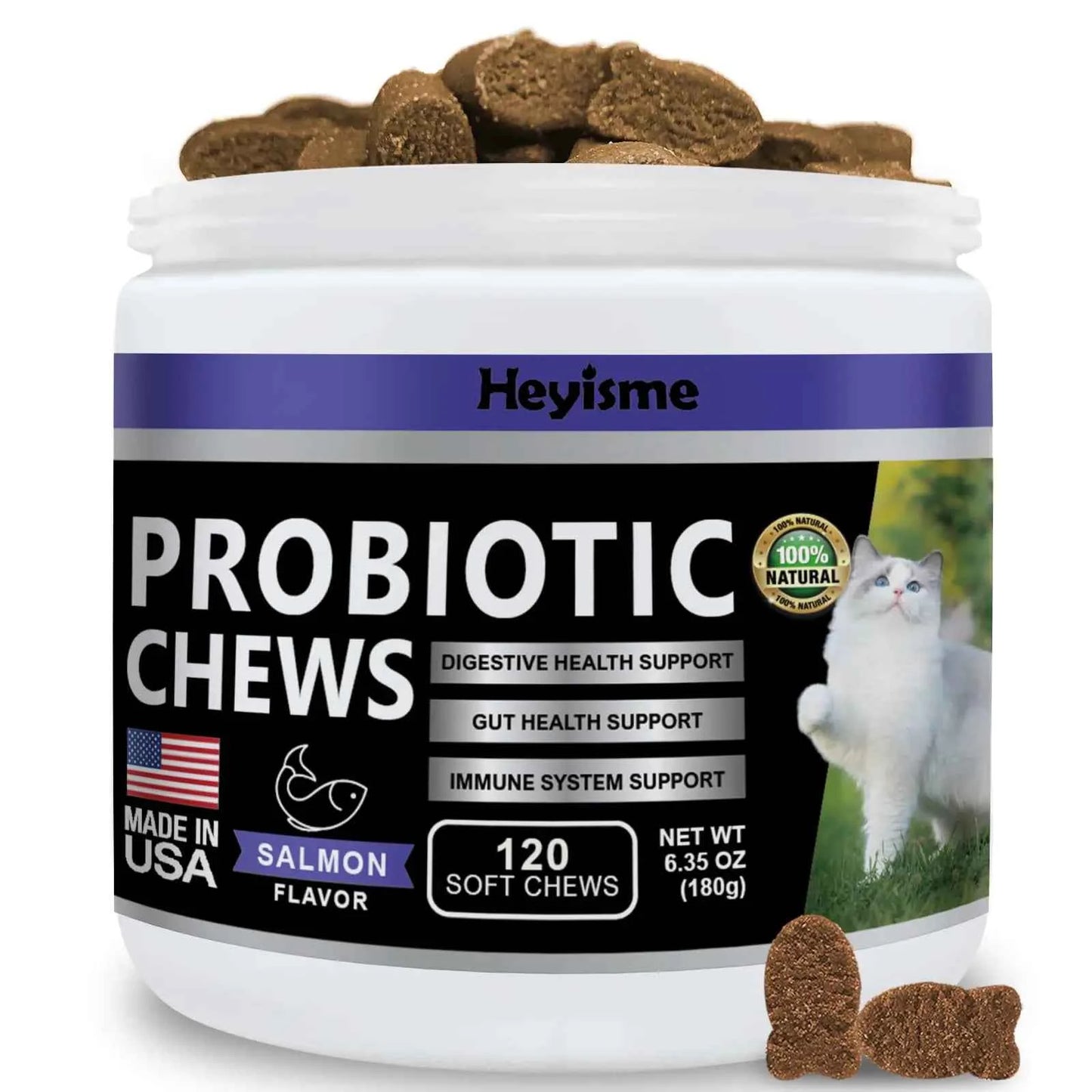 Cat Probiotic Chews for Gut and Immune Health (120 Pills Salmon)